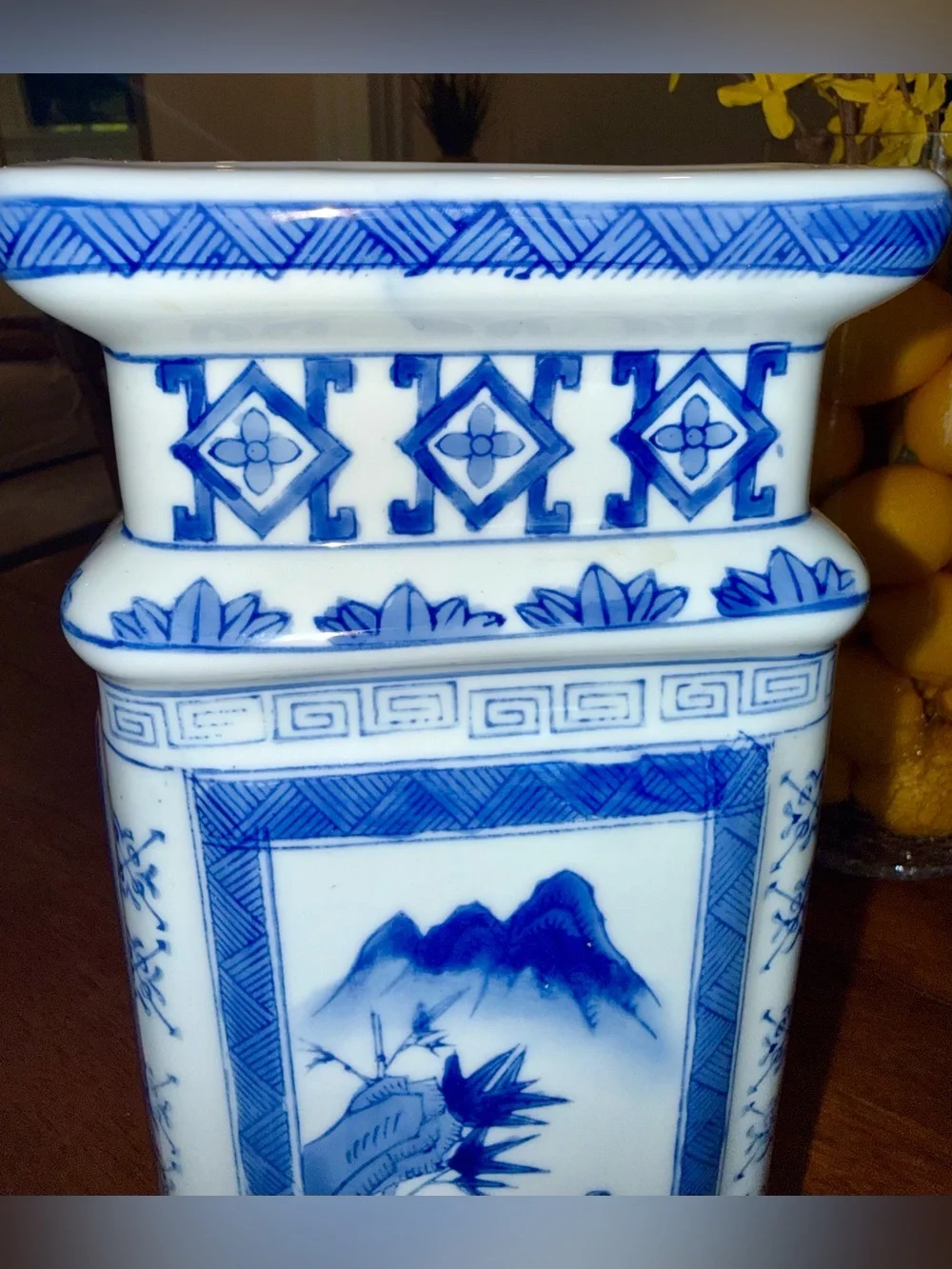 Vintage Chinoiserie Blue White Tall Vase Original Bombay Co Tag MINT Qianlong